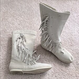 Vintage Minnetonka Fringe Suede Boots - Cream